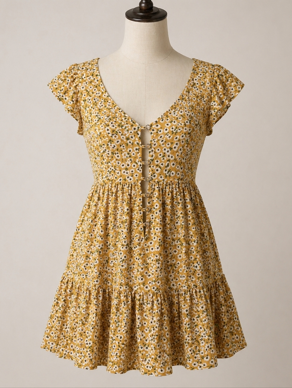 Yellow Floral Button-Front Mini Dress